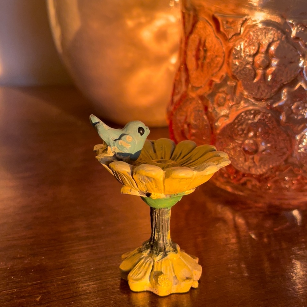 Fairy garden birdbath flower with tiny blue bird